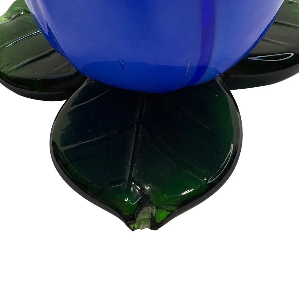 Cobalt Blue Glass Flower Candle Holders Green Leaf Base Set of 2 Vintage